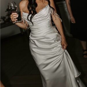 Watters Strapless White Satin Dress with Beaded Details